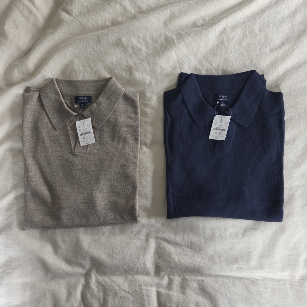 Pair of J. Crew Factory Men’s Merino wool-blend johnny-collar sweater-polos M